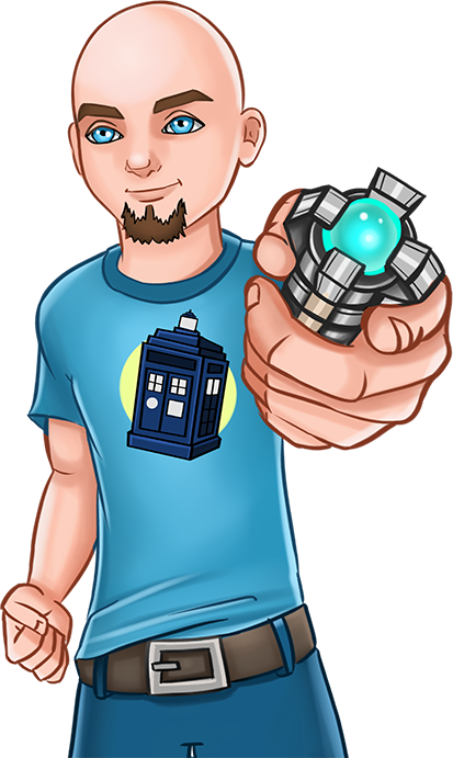 Illustration of Noel wearing a Doctor Who shirt and sonic screwdriver.